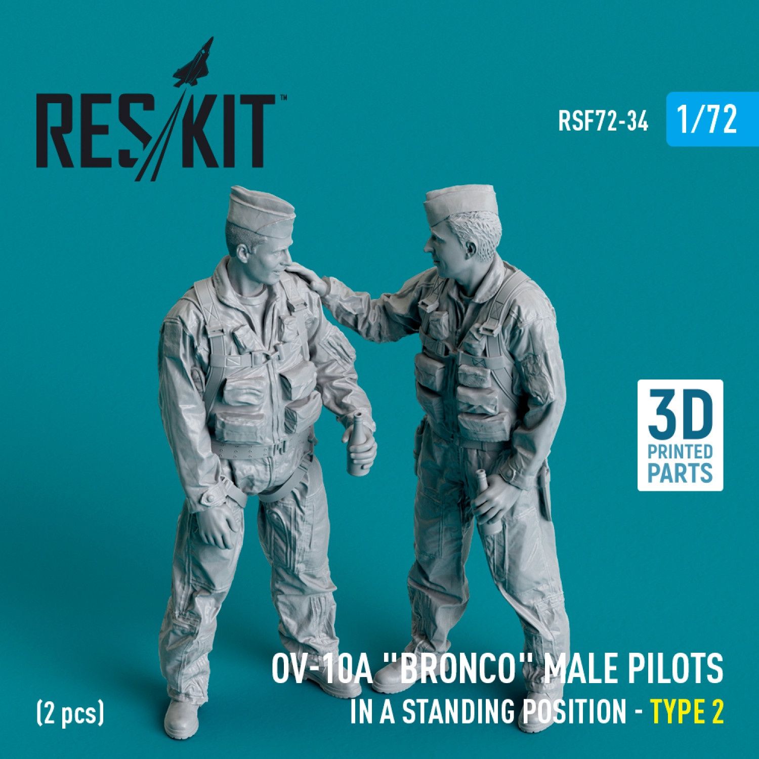 RSF72-0034 - OV-10A &quot;Bronco&quot; male pilots (in a standing position - type 2) (2 pcs) (3D Printed)  - 1:72