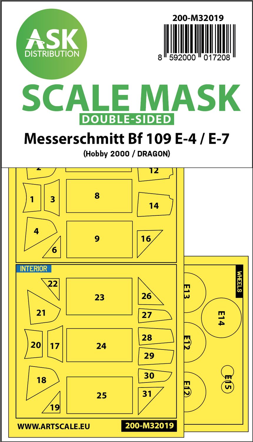 200-M32019 - Messerschmitt Bf 109E-4 &amp; E-7 double-sided express masks for Hobby2000, Dragon, HGW kit - 1:32
