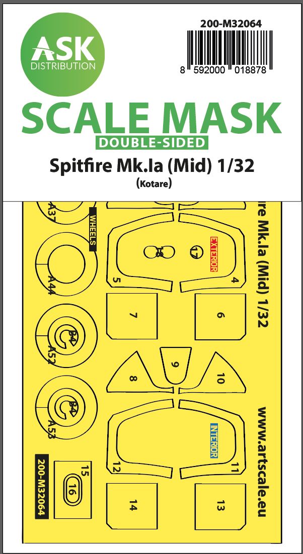 200-M32064 - Spitfire Mk.Ia (mid) double-sided express fit and self adhesive mask for Kotare - 1:32
