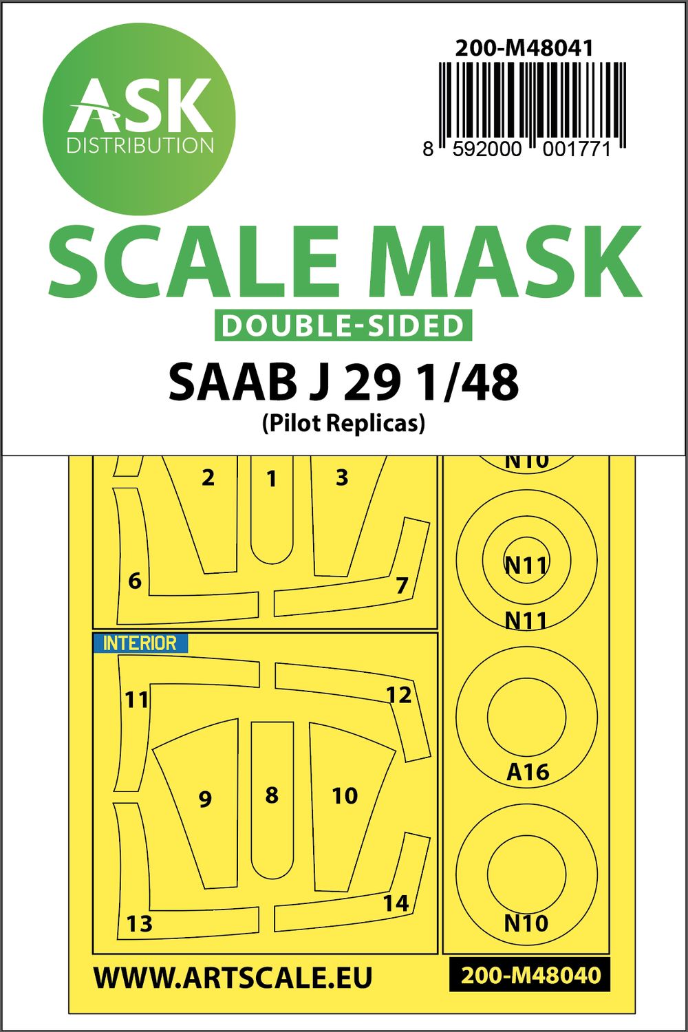 200-M48041 - SAAB J29 B double-sided painting mask for Pilot Replicas - 1:48