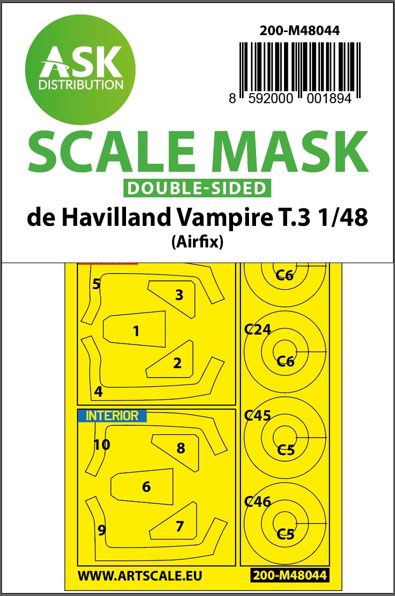 200-M48044 - De Havilland Vampire T.3 double-sided painting mask for Airfix - 1:48