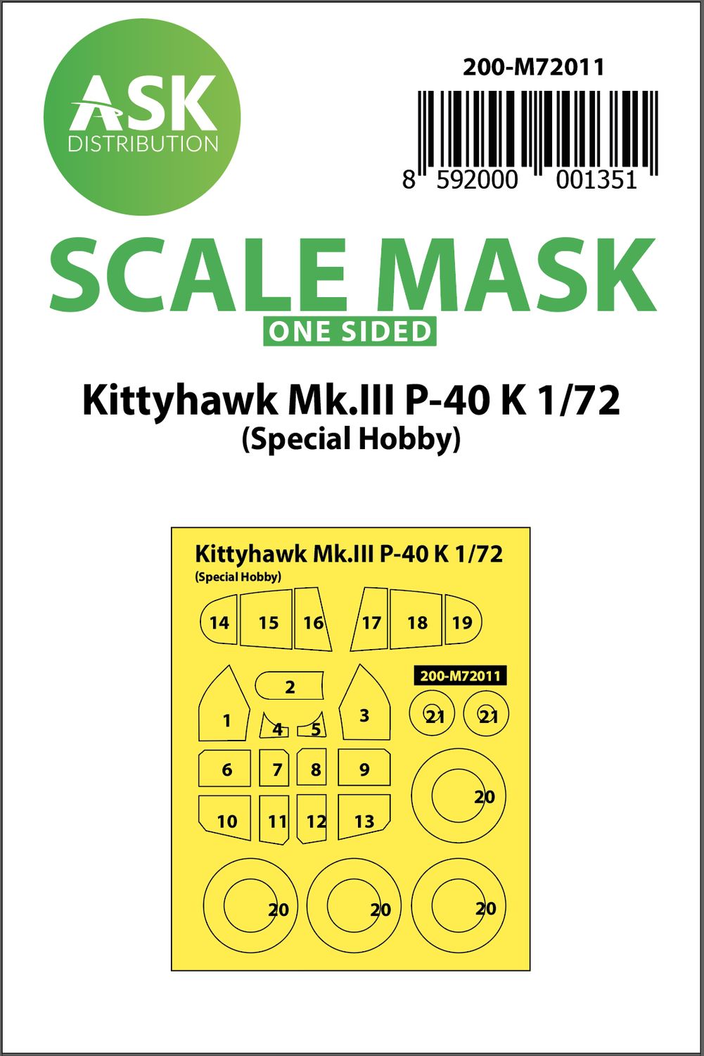 200-M72011 - Kittyhawk Mk.III P-40 K one-sided painting mask for Special Hobby - 1:72