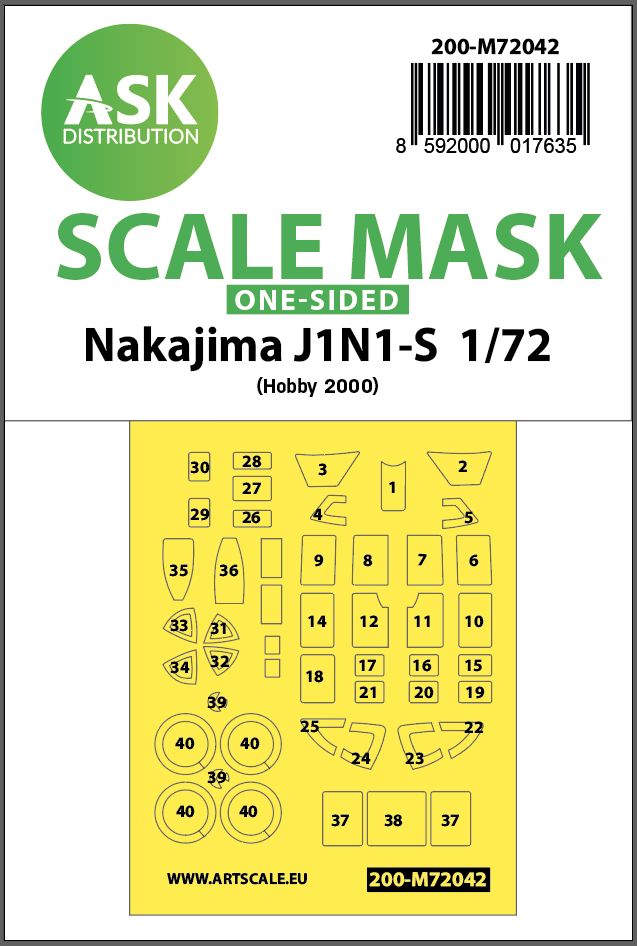 200-M72042 - Nakajima J1N1-S one-sided painting mask for Hobby2000 / Fujimi - 1:72
