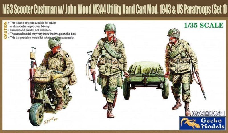 35GM0041 - WWII US Paratroops w/Cushman Parascooter &amp; John Wood M3A4 Utility Hand Cart Mod. 1943 (Set 1) - 1:35
