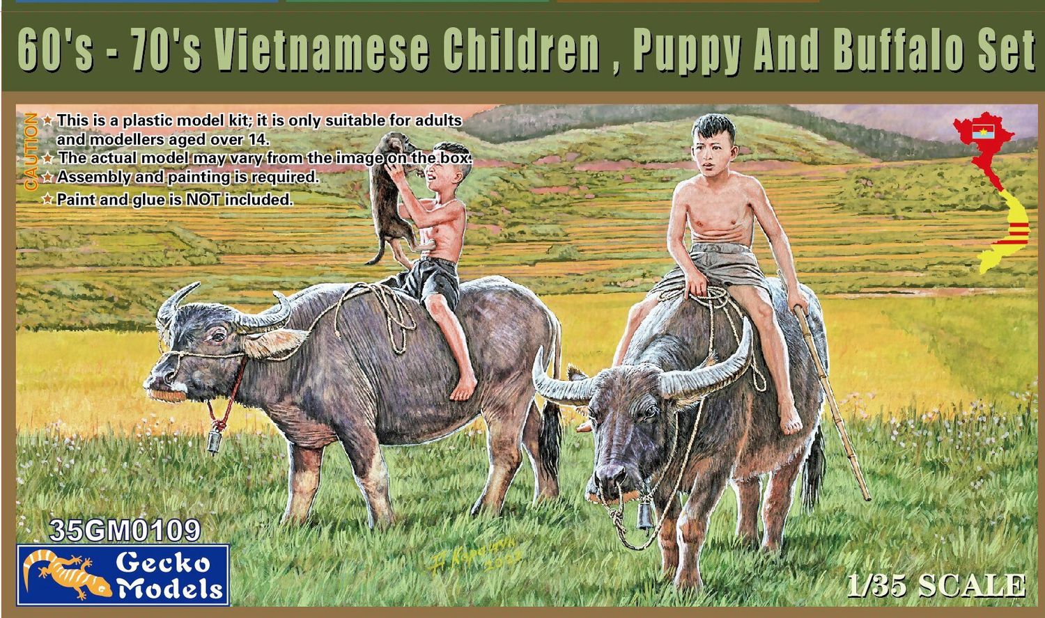 35GM0109 - 60&#39;-70&#39;s Vietnamese Children, Puppy And Buffalo Set - 1:35
