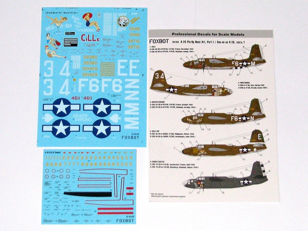 48-019 - Decals - Douglas A-20 Boston "Pin-Up Nose Art and Stencils" Part # 1 - 1:48