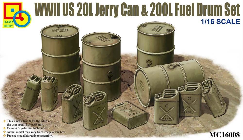 MC16008 - WWII US 20L Jerry Can &amp; 200L Fuel Drum Set - 1:16