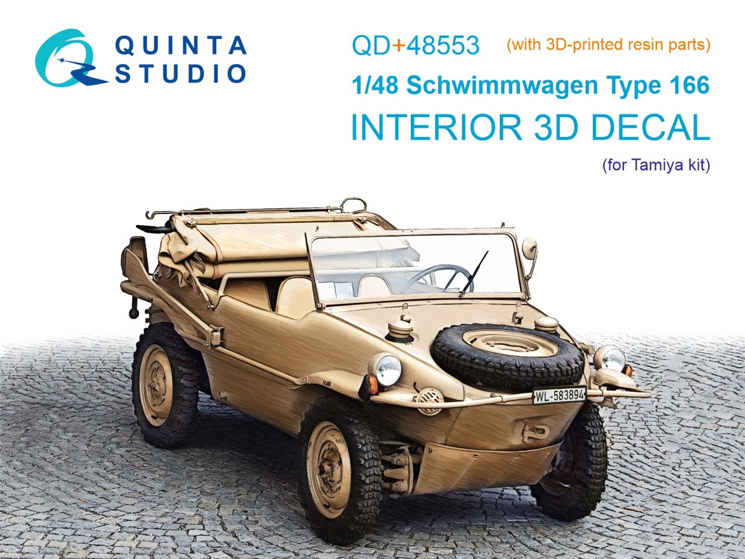 QD+48553 - Schwimmwagen type 166 3D-Printed &amp; coloured Interior on decal paper (Tamiya) (with 3D-printed resin parts) - 1:48