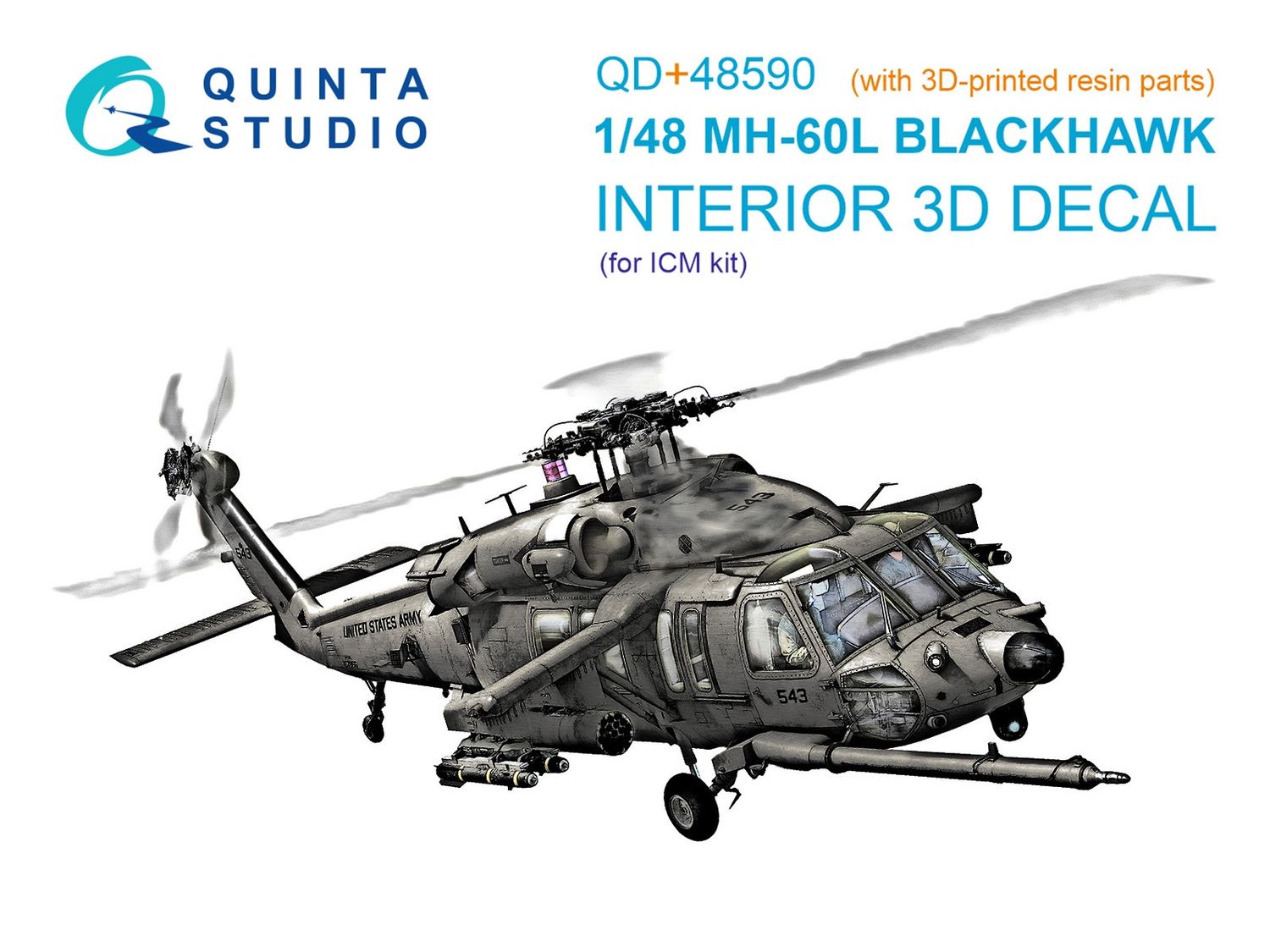 QD+48590 - MH-60L Blackhawk 3D-Printed &amp; coloured Interior on decal paper (ICM) (with 3D-printed resin parts) - 1:48