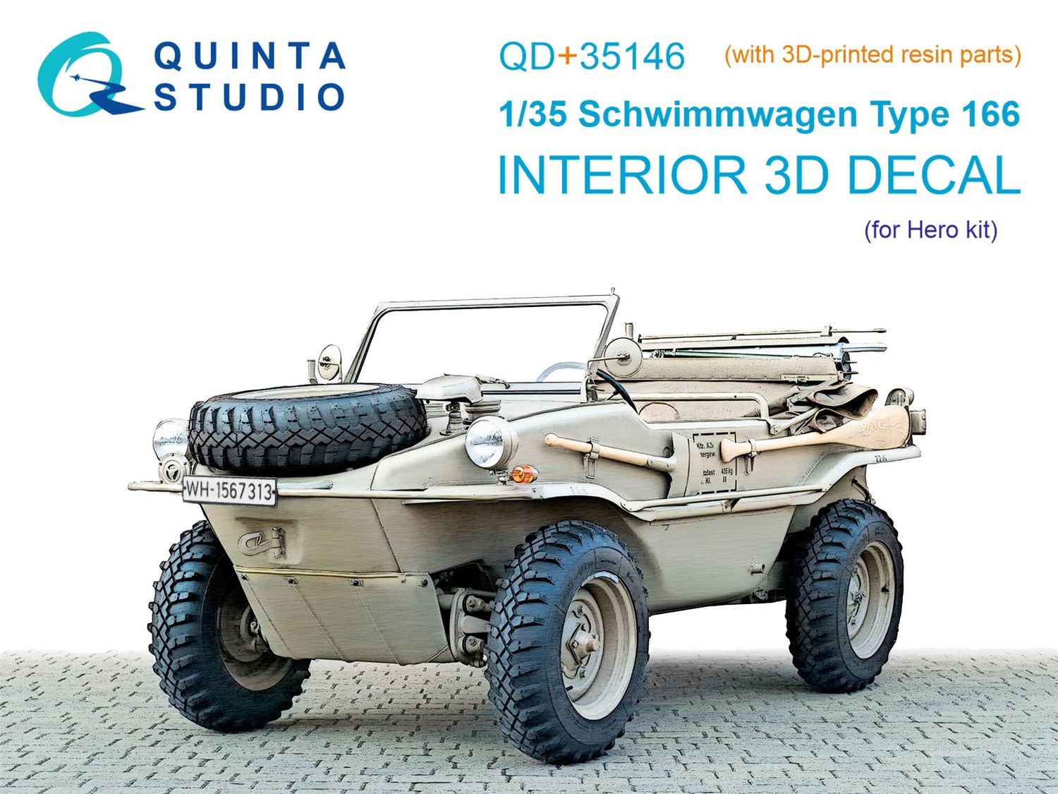 QD+35146 - Schwimmwagen Type 166 3D-Printed &amp; coloured Interior on decal paper (Hero) (with 3D-printed resin parts)  - 1:35