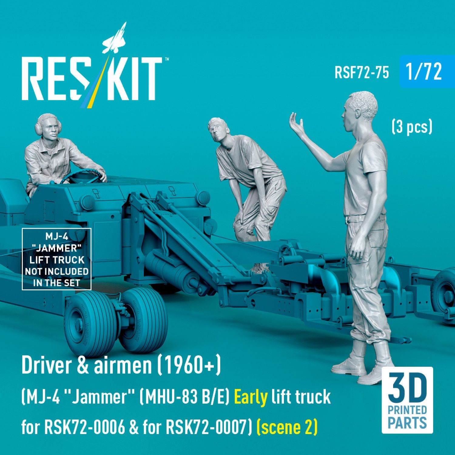 RSF72-0075 - Driver &amp; airmen (1960+) (3 pcs) (MJ-4 &quot;Jammer&quot; (MHU-83 B/E) Early lift truck for RSK72-0006 &amp; for RSK72-0007) (scene 2) (3D Printed)  - 1:72