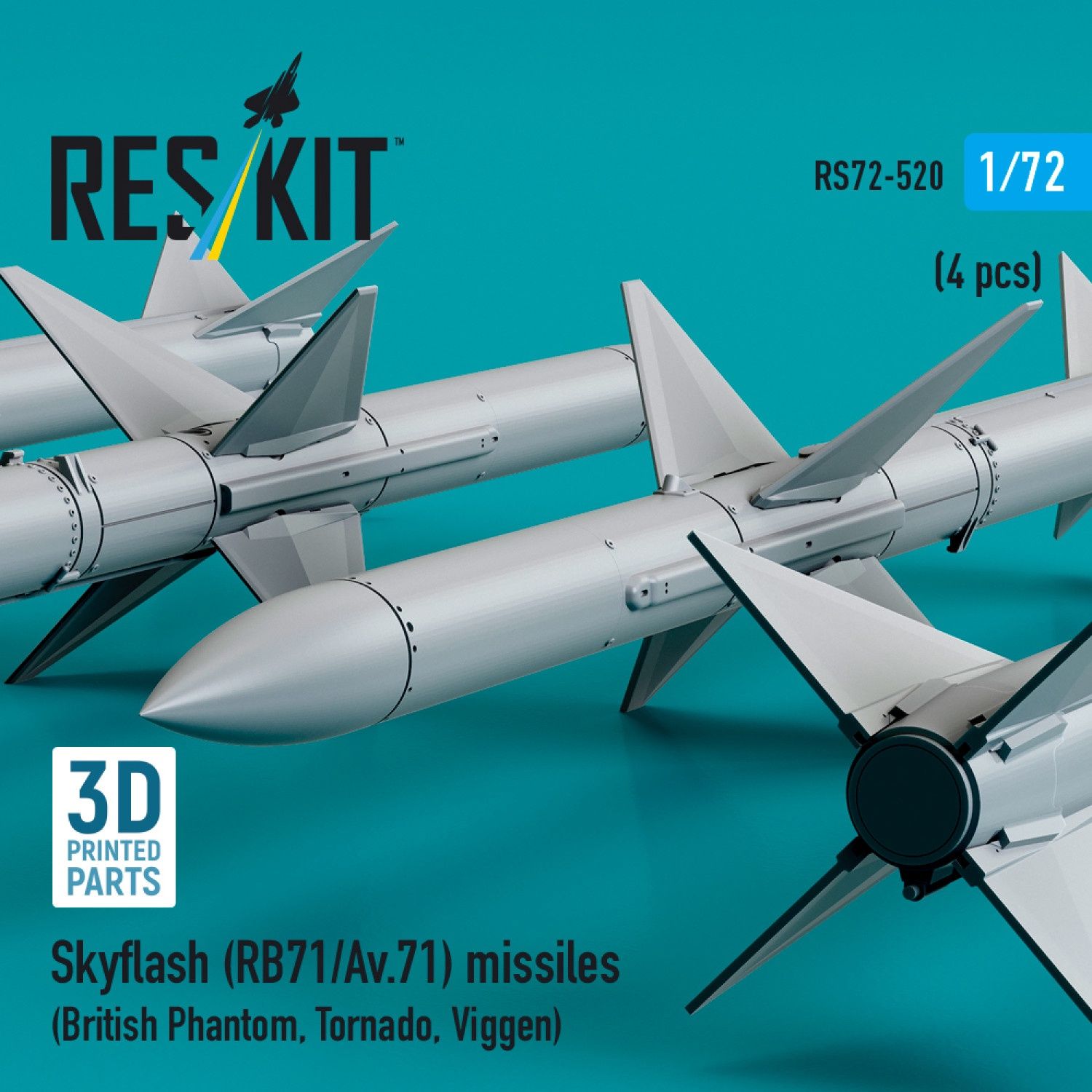 RS72-0520 - Skyflash (RB71/Av.71) missiles (4 pcs) (British Phantom, Tornado, Viggen) (3D Printed)  - 1:72