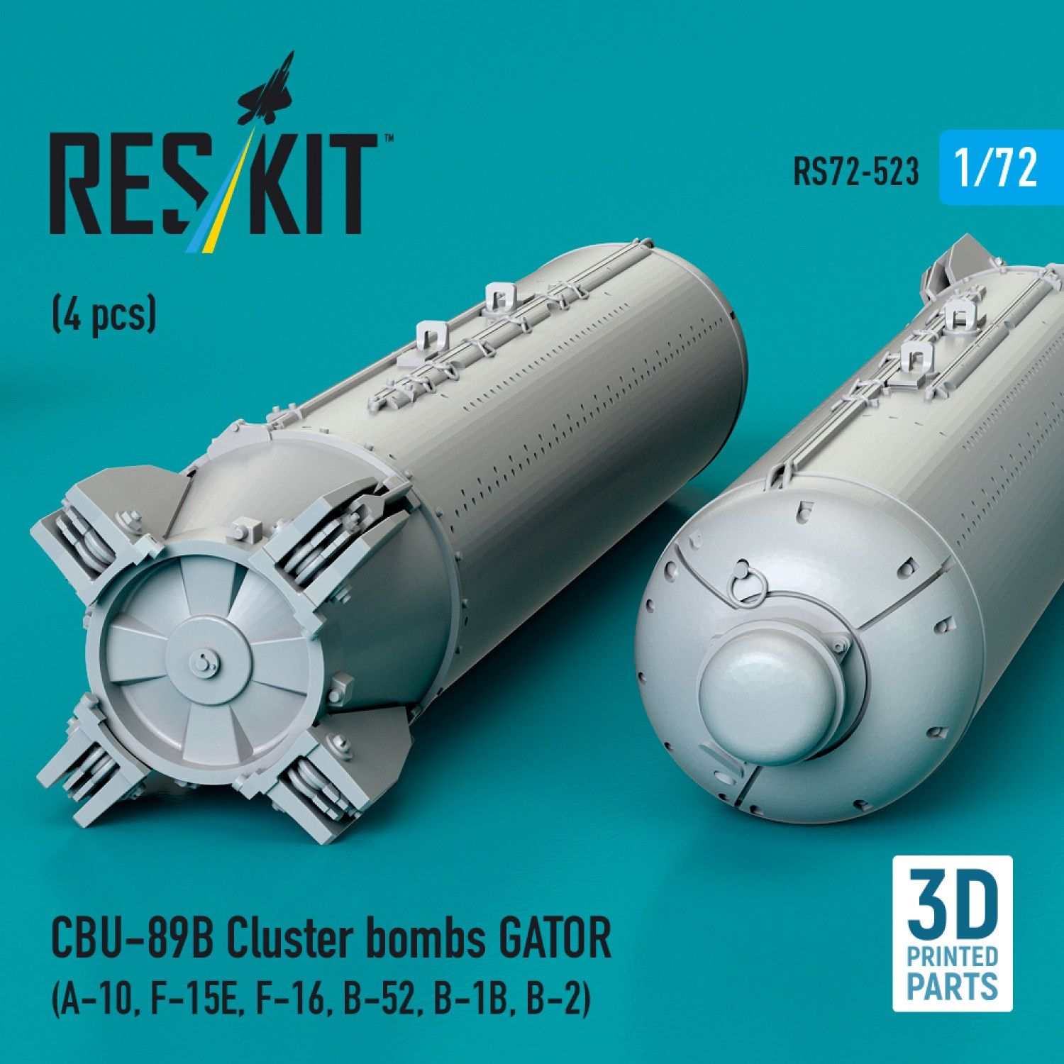RS72-0523 - CBU-89B cluster bombs GATOR (4 pcs) (A-10, F-15E, F-16, B-52, B-1B, B-2) (3D Printed)  - 1:72
