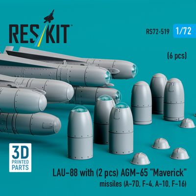 RS72-0519 - LAU-88 with (2 pcs) AGM-65 &quot;Maverick&quot; missiles (6 pcs) (A-7D, F-4, A-10, F-16) (3D Printed)  - 1:72