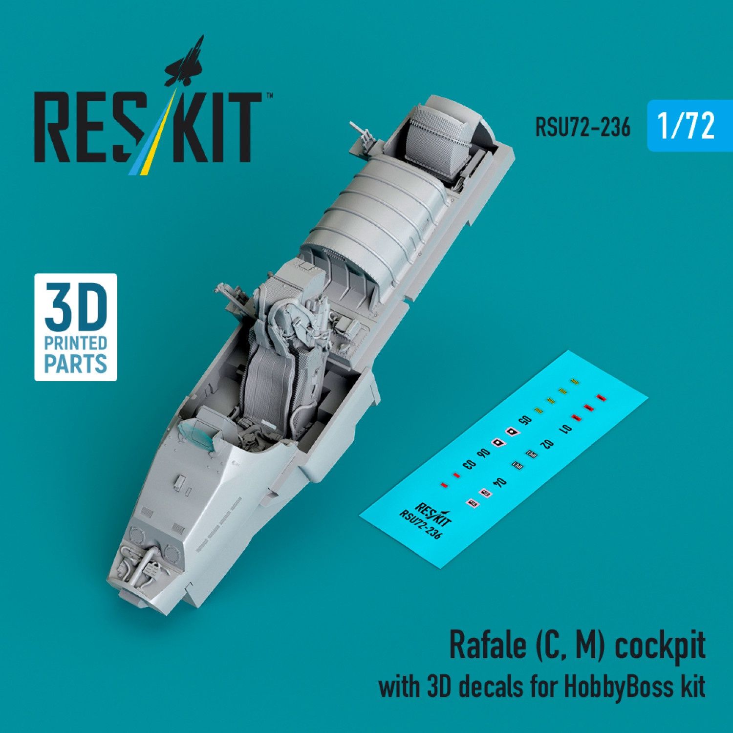 RSU72-0236 - Rafale (C, M) cockpit with 3D decals for HobbyBoss kit (3D Printed)  - 1:72