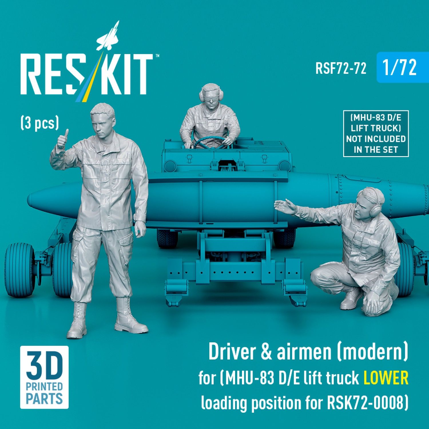 RSF72-0072 - Driver &amp; airmen (modern) (3 pcs) (MHU-83 D/E lift truck LOWER loading position for RSK72-0008) (3D Printed)  - 1:72