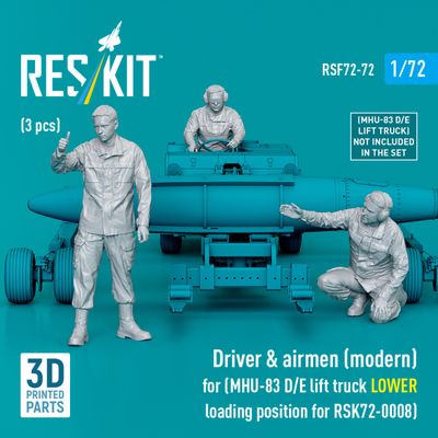 RSF72-0072 - Driver &amp; airmen (modern) (3 pcs) (MHU-83 D/E lift truck LOWER loading position for RSK72-0008) (3D Printed)  - 1:72
