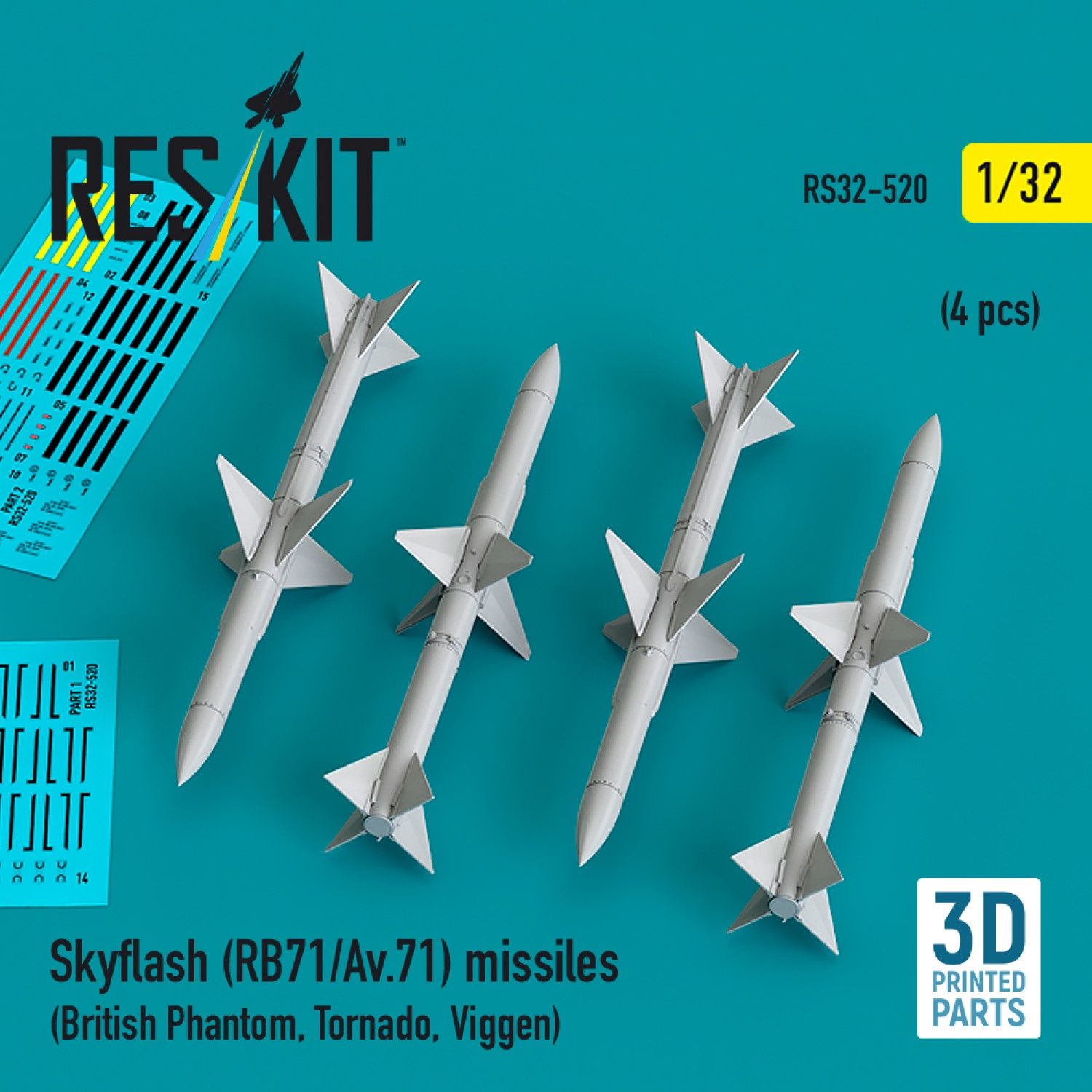 RS32-0520 - Skyflash (RB71/Av.71) missiles (4 pcs) (British Phantom, Tornado, Viggen) (3D Printed)  - 1:32