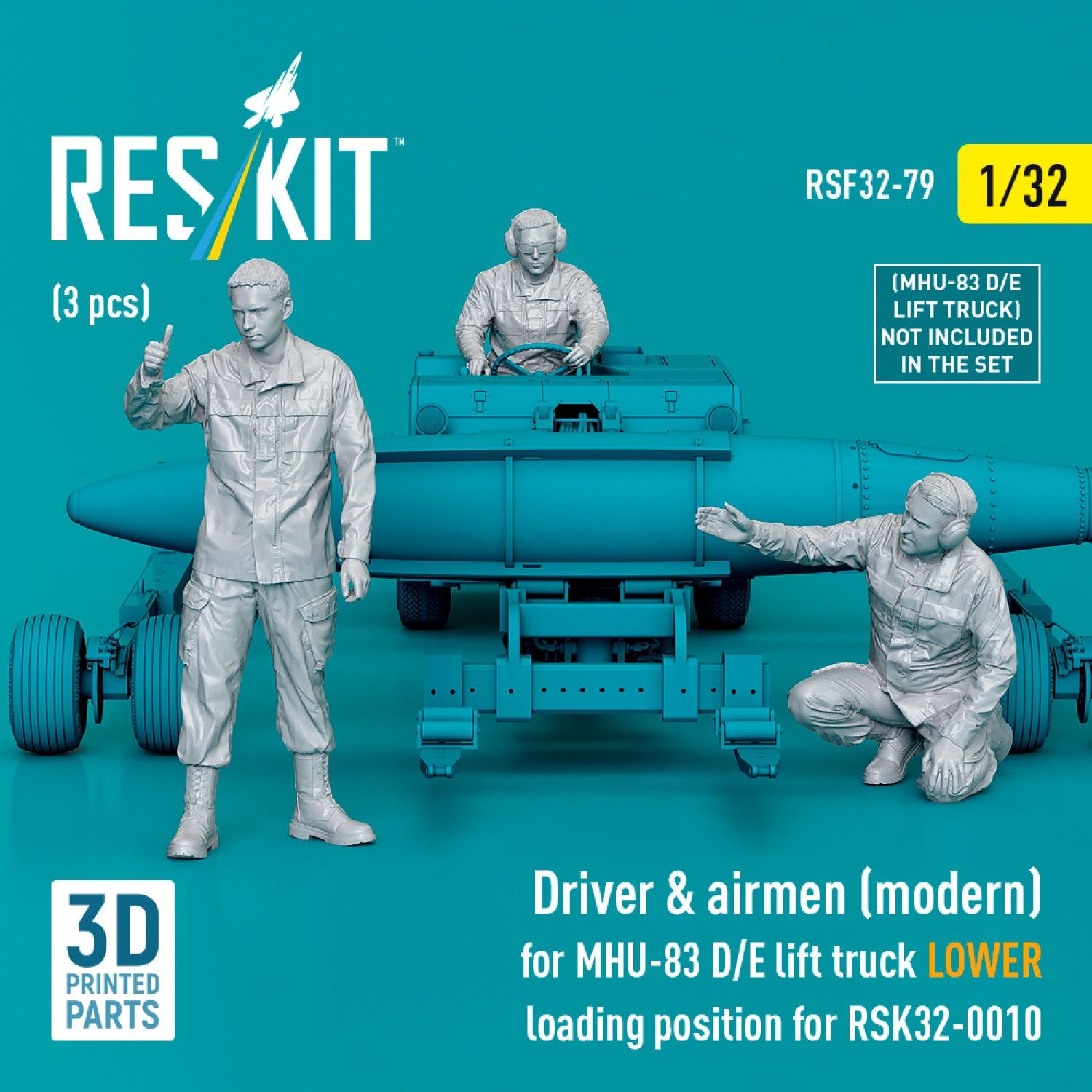 RSF32-0079 - Driver &amp; airmen (modern) (3 pcs) (MHU-83 D/E lift truck LOWER loading position for RSK32-0010) (3D Printed)  - 1:32