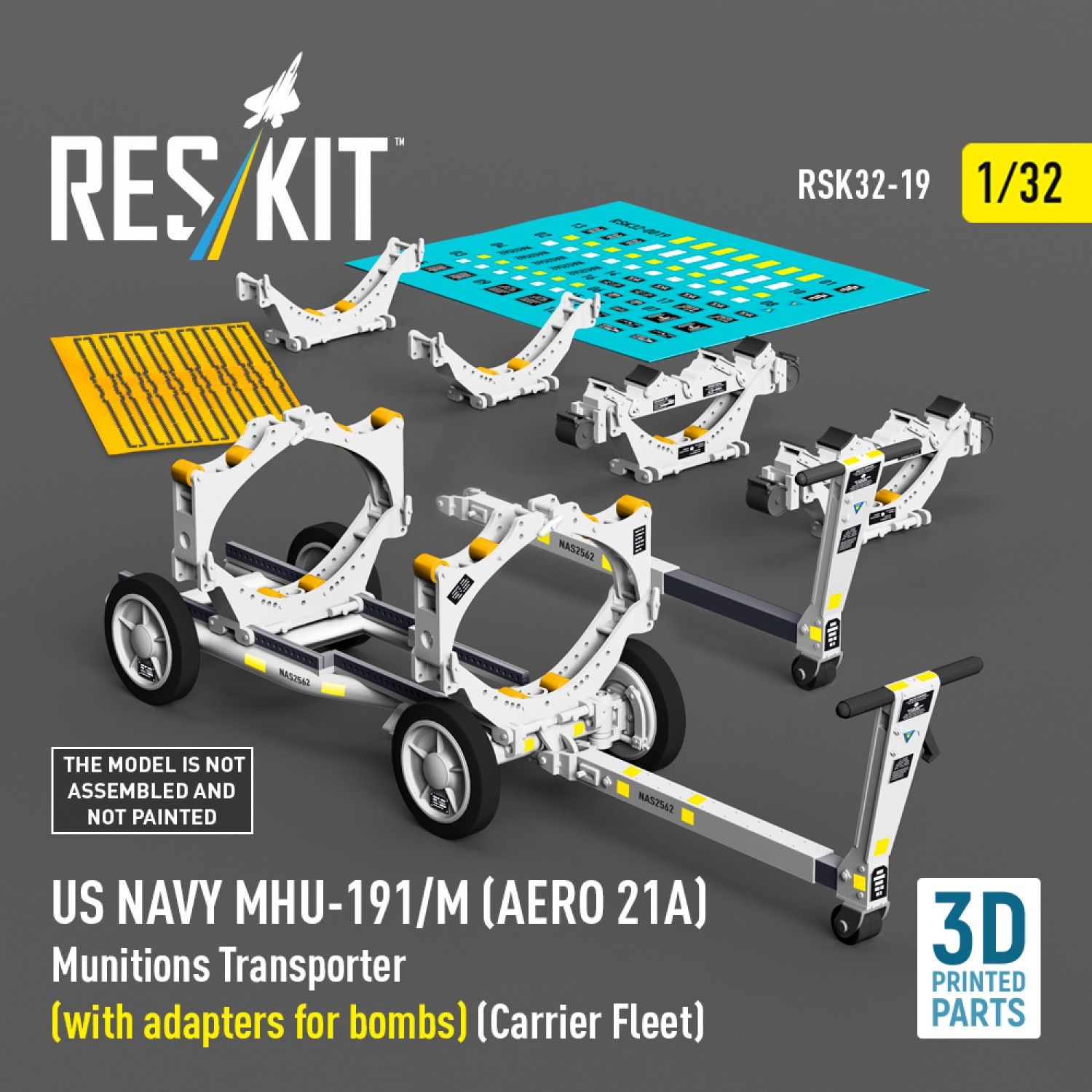 RSK32-0019 - US NAVY MHU-191/M (AERO 21A) Munitions Transporter (with adapters for bombs) (Carrier Fleet) (3D Printed model kit)  - 1:32