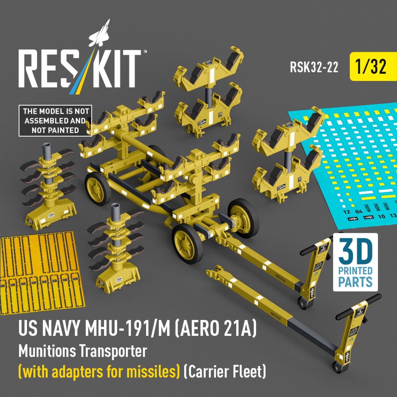 RSK32-0022 - US NAVY MHU-191/M (AERO 21A) Munitions Transporter (with adapters for missiles) (Carrier Fleet) (3D Printed model kit)  - 1:32