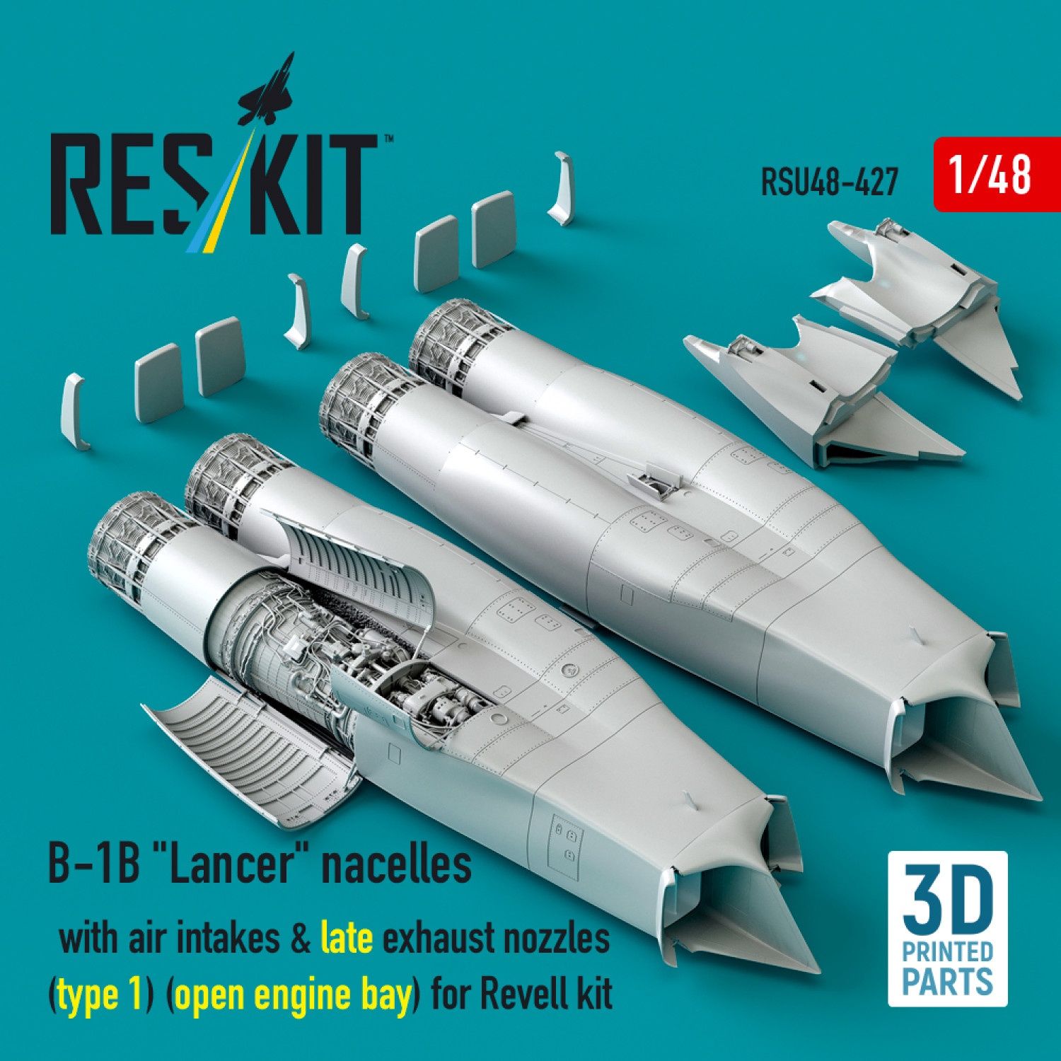 RSU48-0427 - B-1B &quot;Lancer&quot; nacelles with air intakes &amp; late exhaust nozzles (type 1) (open engine bay) for Revell kit (3D Printed)  - 1:48