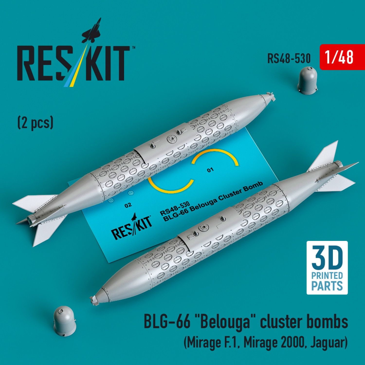 RS48-0530 - BLG-66 "Belouga" cluster bombs (2 pcs) (Mirage F.1, Mirage 2000, Jaguar) (3D Printed)  - 1:48