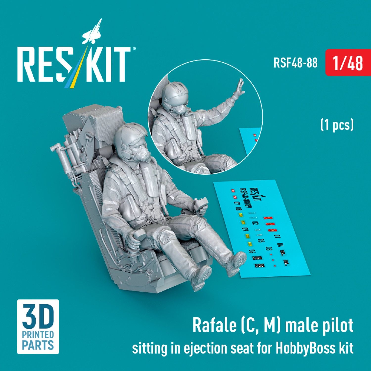 RSF48-0088 - Rafale (C, M) male pilot sitting in ejection seat for HobbyBoss kit (1 pcs) (3D Printed)  - 1:48
