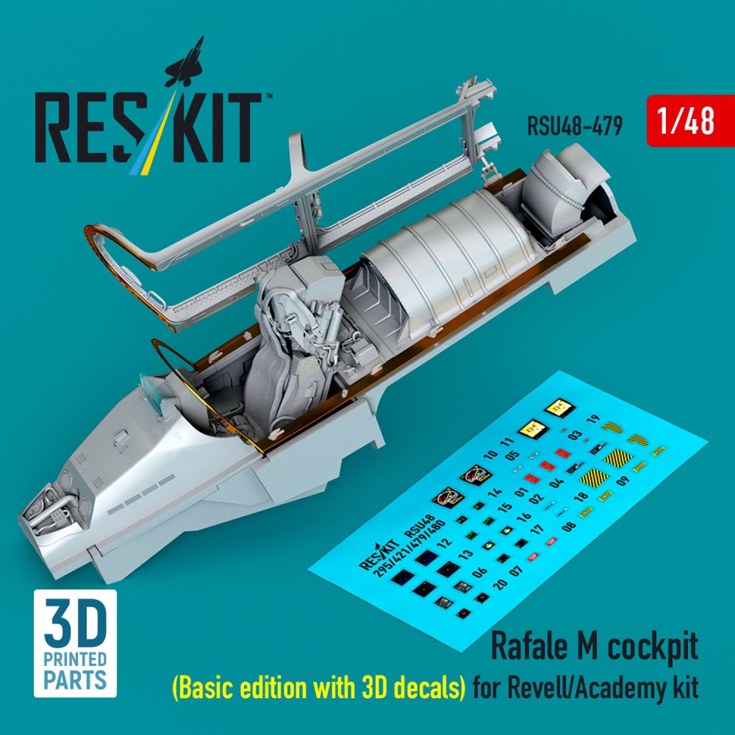 RSU48-0479 - Rafale M cockpit (Basic edition with 3D decals) for Revell/Academy kit (3D printed)  - 1:48