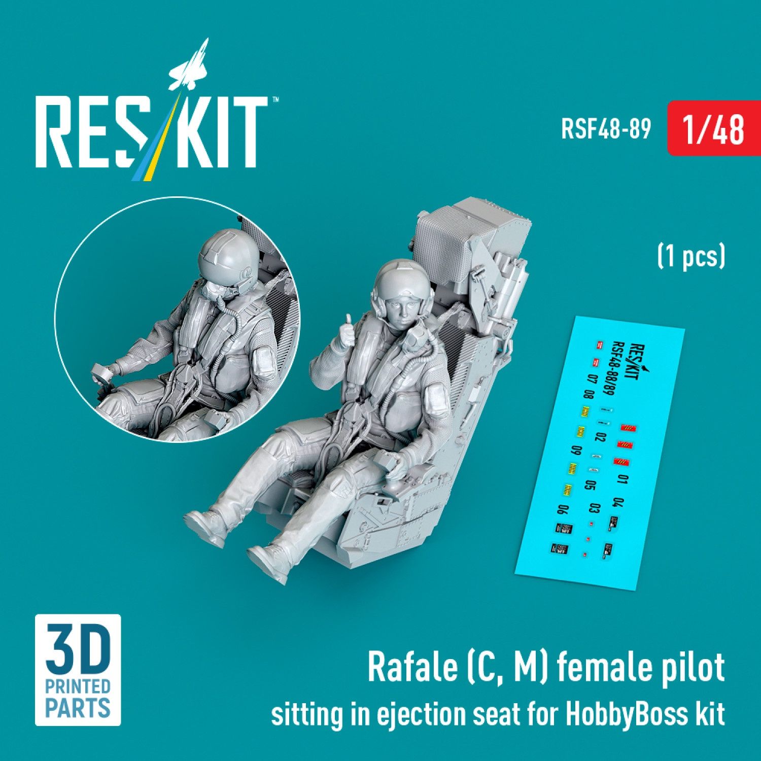 RSF48-0089 - Rafale (C, M) female pilot sitting in ejection seat for HobbyBoss kit (1 pcs) (3D Printed)  - 1:48