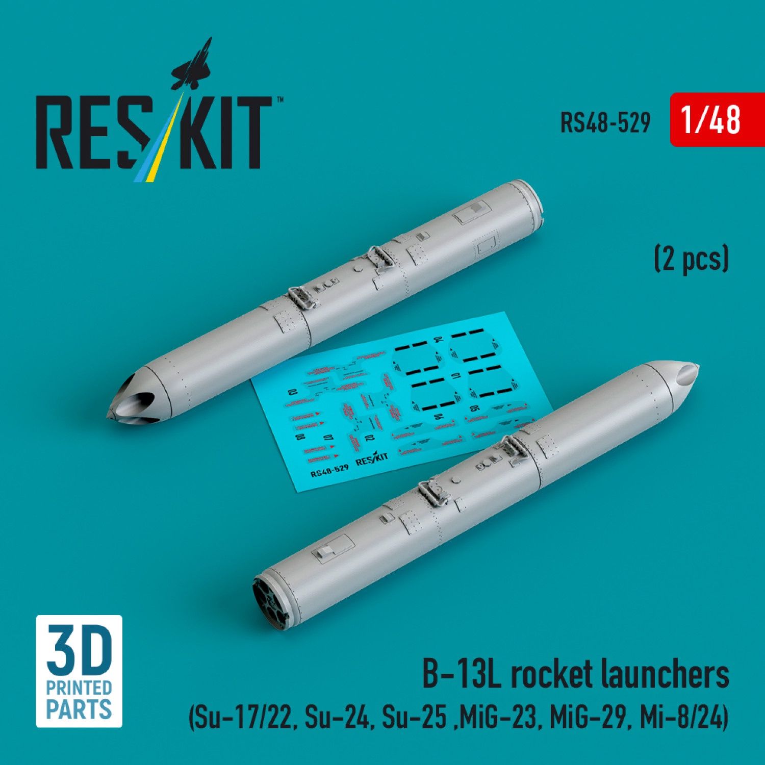 RS48-0529 - B-13L rocket launchers (2 pcs) (Su-17/22, Su-24, Su-25 ,MiG-23, MiG-29, Mi-8/24) (3D Printed)  - 1:48