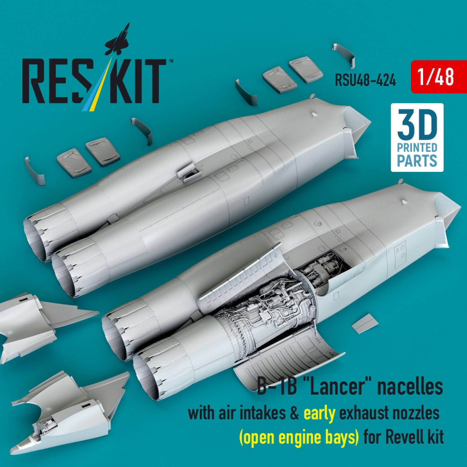 RSU48-0424 - B-1B &quot;Lancer&quot; nacelles with air intakes &amp; early exhaust nozzles (open engine bay) for Revell kit (3D Printed)  - 1:48