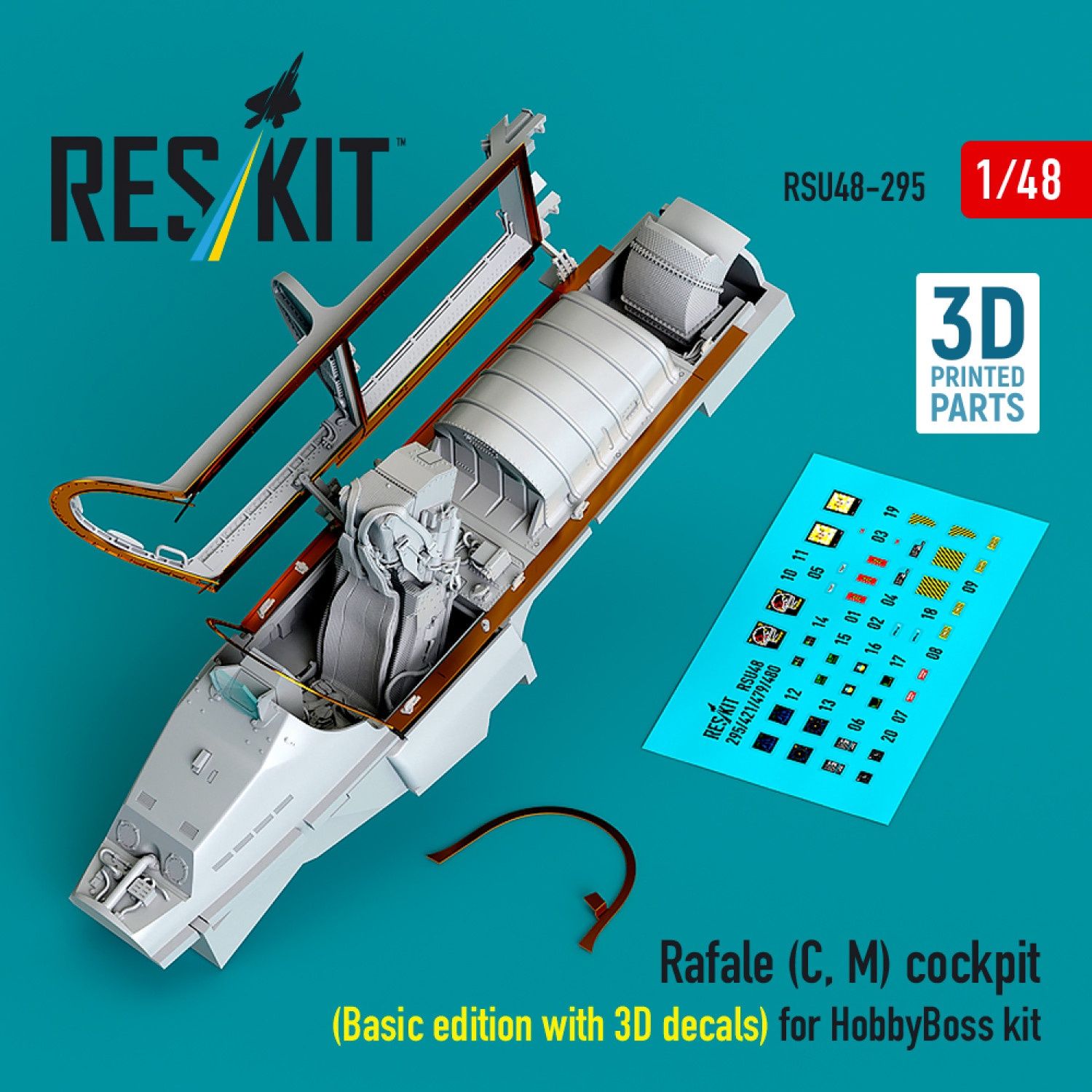 RSU48-0295 - Rafale (C, M) cockpit (Basic edition with 3D decals) for HobbyBoss kit (3D printed)  - 1:48