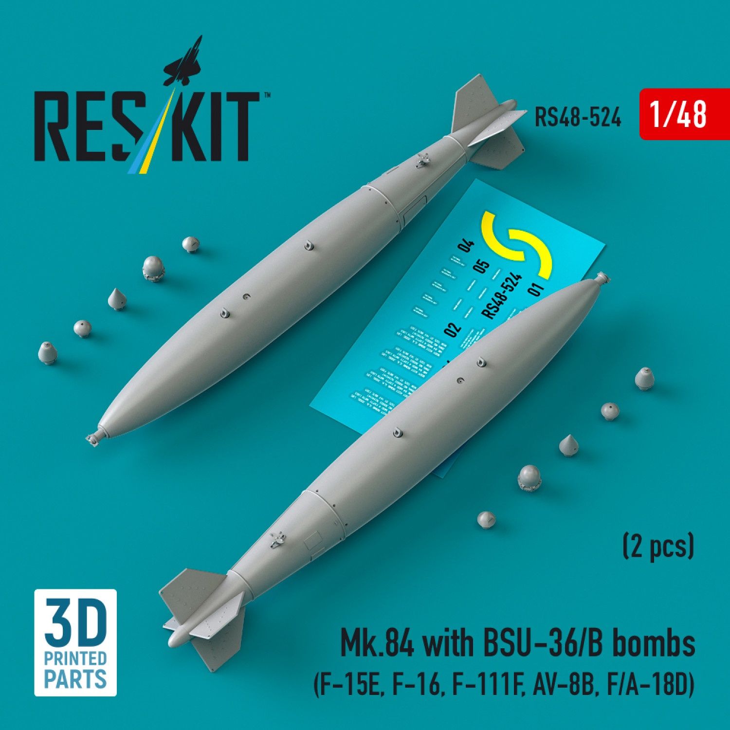 RS48-0524 - Mk.84 with BSU-36/B bombs (2 pcs) (F-15E, F-16, F-111F, AV-8B, F/A-18D) (3D Printed)  - 1:48