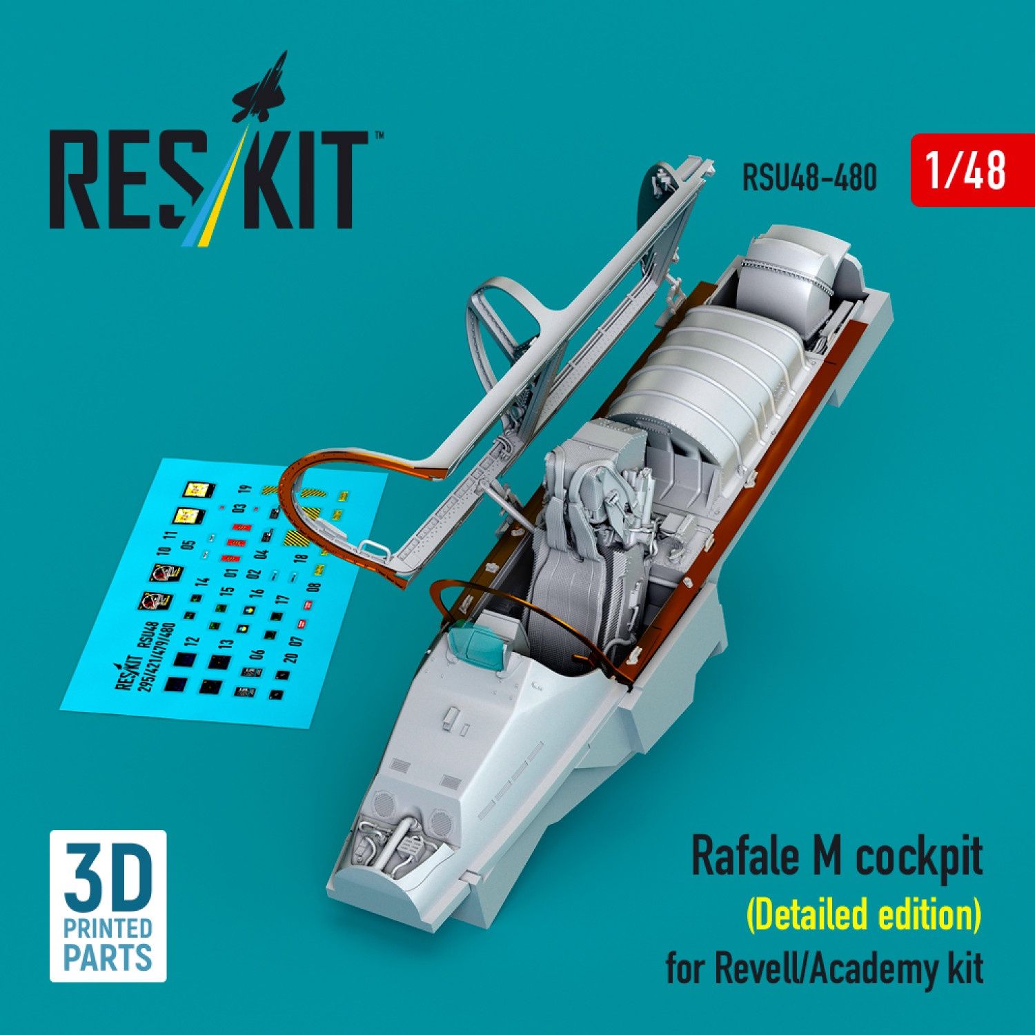 RSU48-0480 - Rafale M cockpit (Detailed edition) for Revell/Academy kit (3D printed)  - 1:48