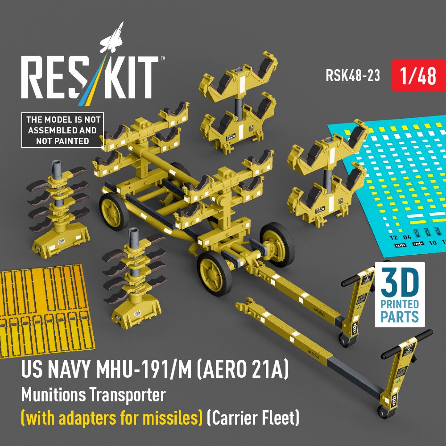 RSK48-0023 - US NAVY MHU-191/M (AERO 21A) Munitions Transporter (with adapters for missiles) (Carrier Fleet) (3D Printed model kit) - 1:48