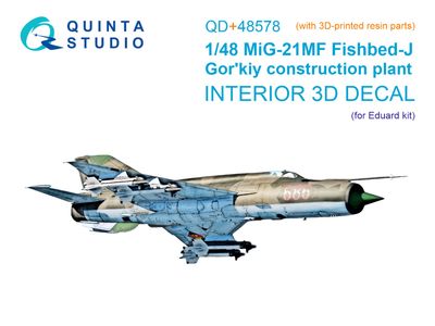 QD+48578 - MiG-21MF Fishbed-J (Gorkiy plant) 3D-Printed &amp; coloured Interior on decal paper (Eduard) (with 3D-printed resin parts) - 1:48