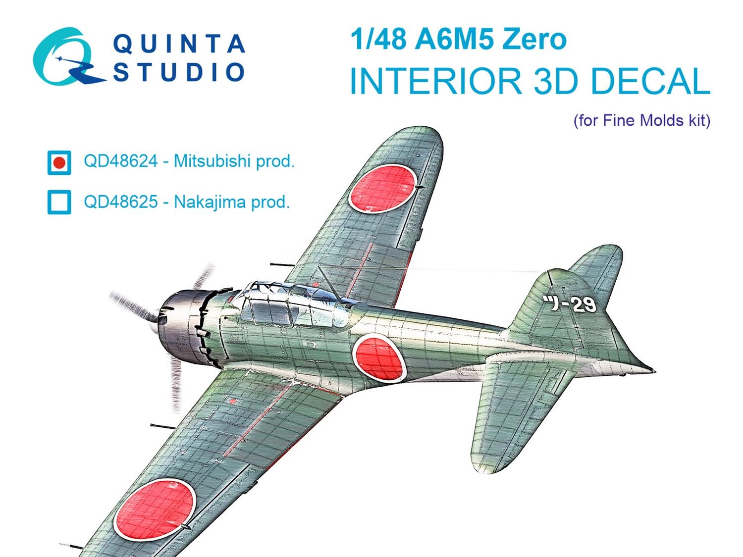 QD48624 - A6M5 Zero, Mitsubishi Prod. 3D-Printed &amp; coloured Interior on decal paper (Fine Molds) - 1:48