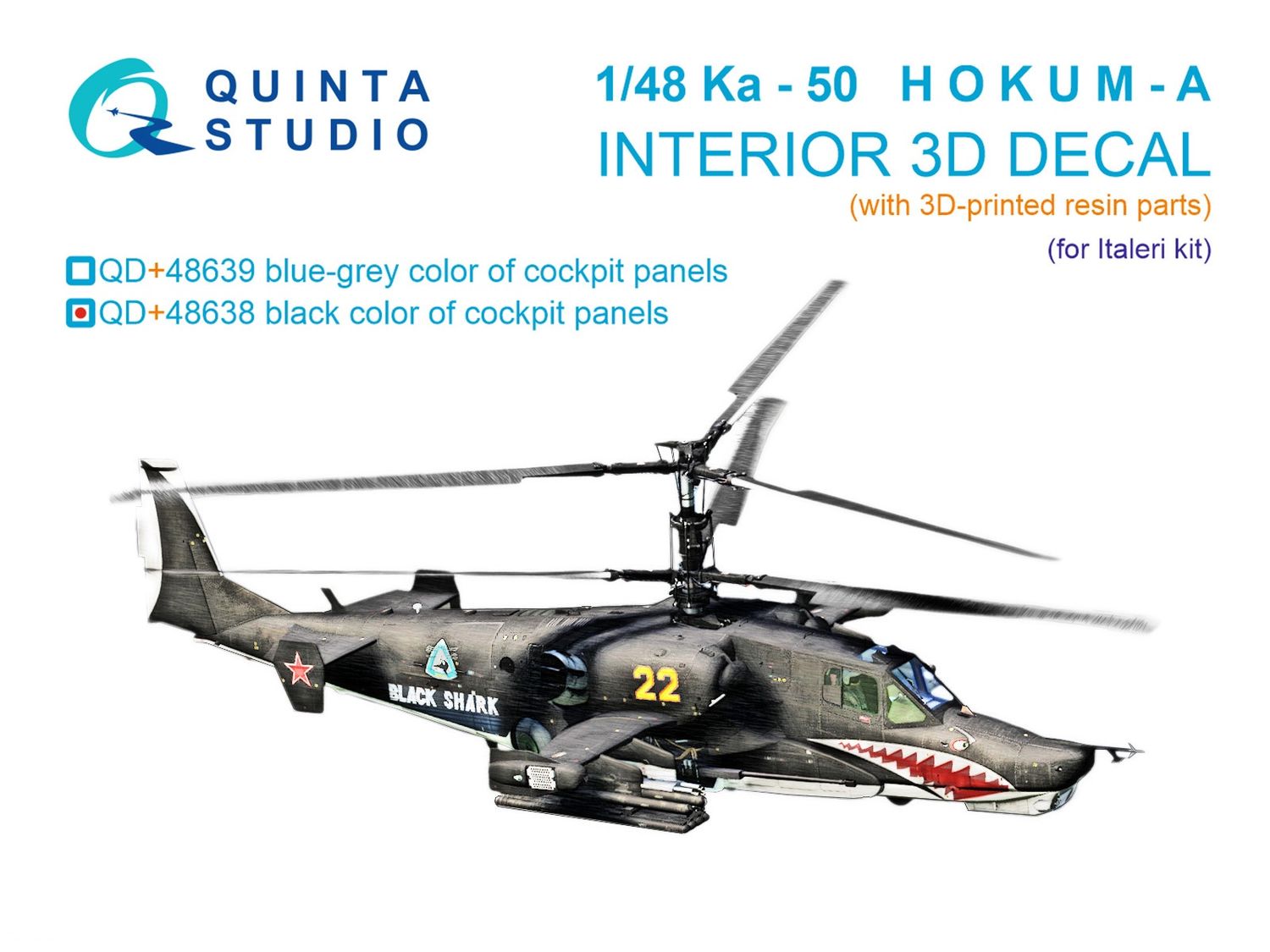 QD+48638 -  Ka-50 (black panels) 3D-Printed &amp; coloured Interior on decal paper (Italeri) (with 3D-printed resin parts) - 1:48