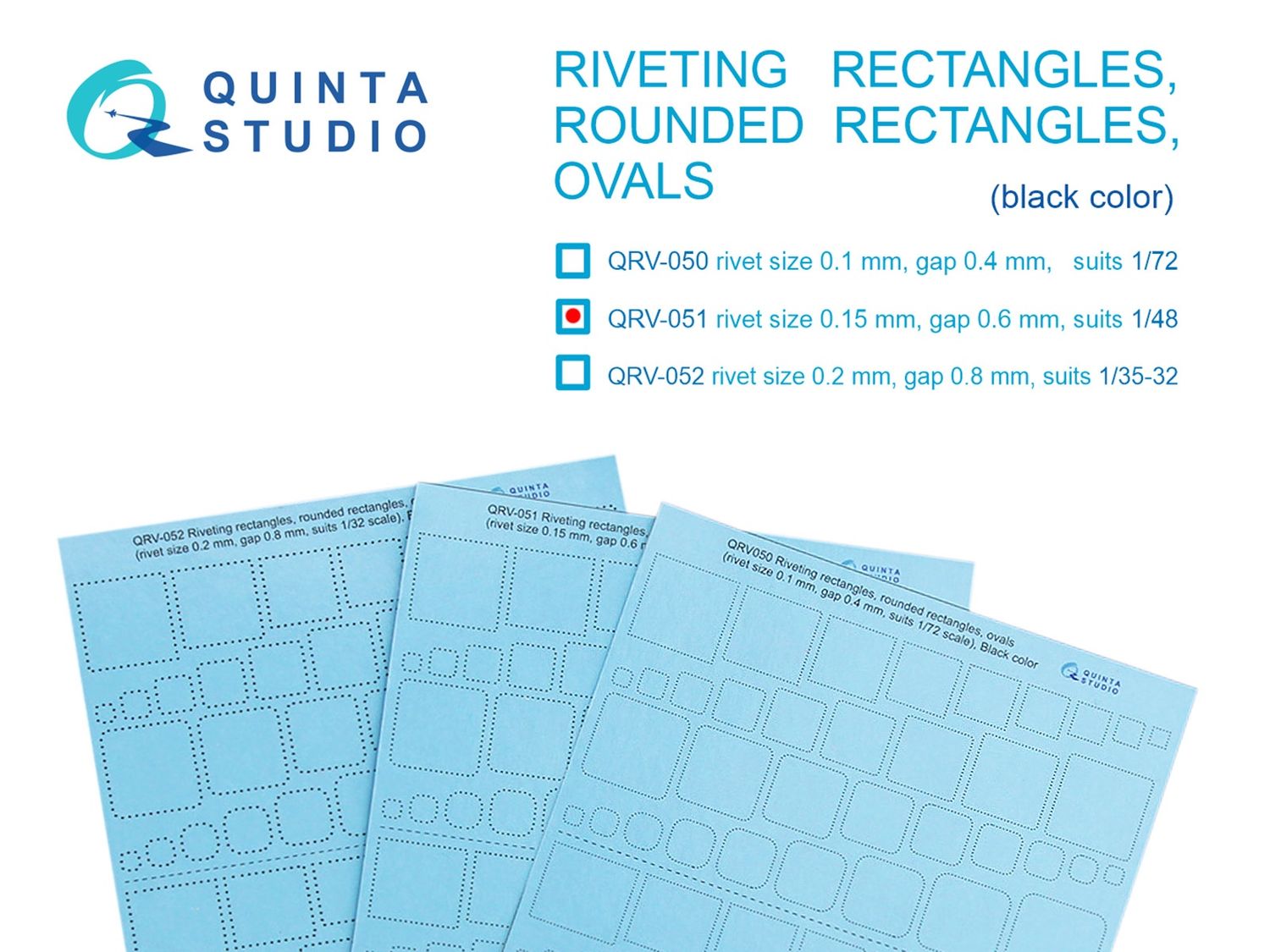 QRV-051 - Riveting rectangles, rounded rectangles and ovals (rivet size 0.15 mm, gap 0.6 mm, suits 1:48), Black color