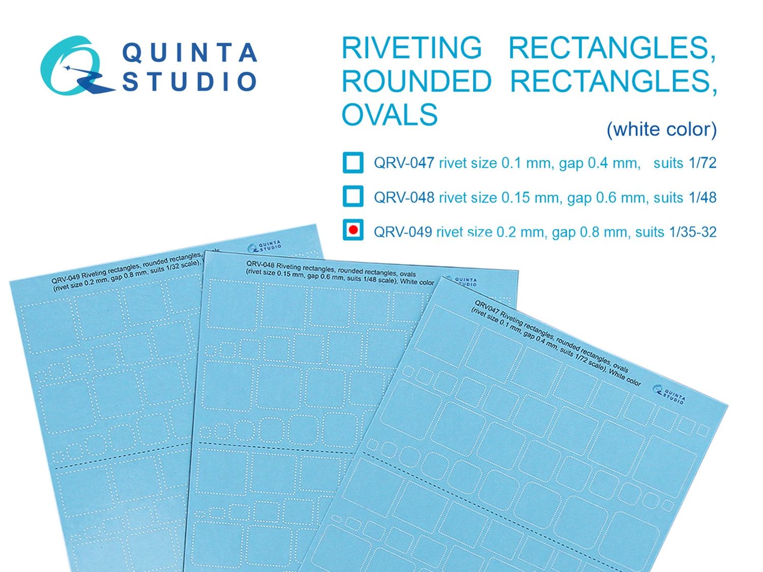 QRV-049 - Riveting rectangles, rounded rectangles and ovals (rivet size 0.2 mm, gap 0.8 mm, suits 1:35-32), White color