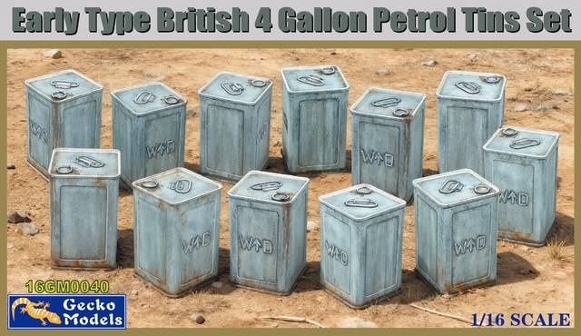 16GM0040 - Early Type British 4 Gallon Petrol Tins Set - 1:16