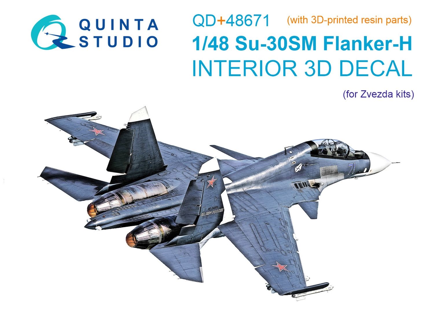 QD+48671 - Su-30SM 3D-Printed &amp; coloured Interior on decal paper (Zvezda) (with 3D-printed resin parts) - 1:48