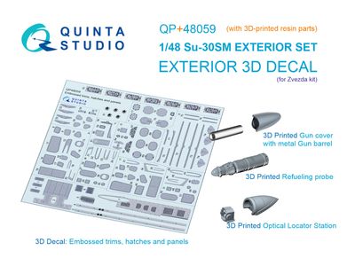 QP+48059 - Su-30SM Exterior Set: Trims, Hatches and Panels, Gun barrel, OLS &amp; Refuel probe (Zvezda) (with 3D printed resin and metal parts) - 1:48