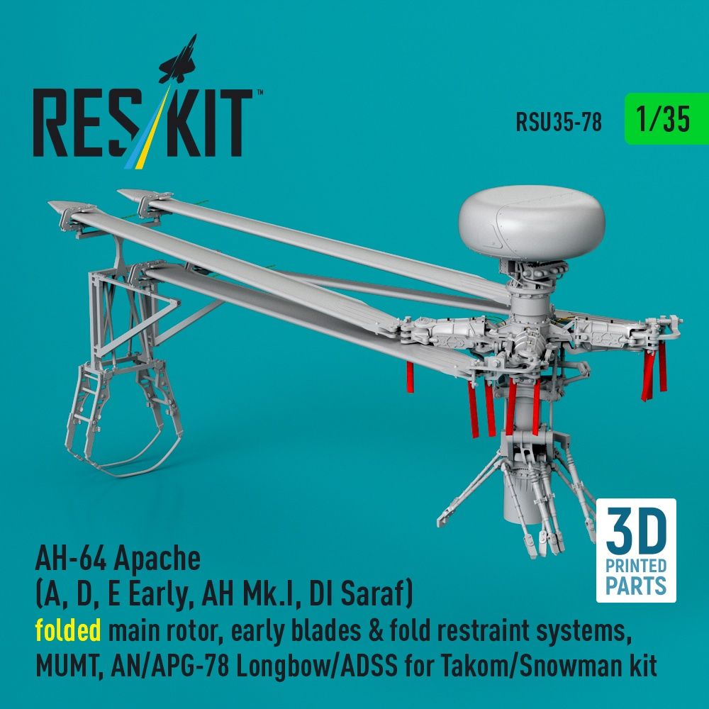 RSU35-0078 - AH-64 Apache folded main rotor,early blades&amp;fold restraint systems,MUMT,AN/APG-78 Longbow/ADSS for Takom/Snowman kit 3D printed model kit - 1:35