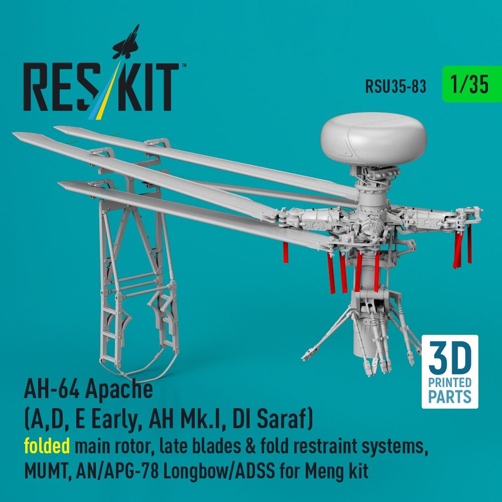 RSU35-0083 - AH-64 Apache folded main rotor,late blades&amp;fold restraint systems,MUMT,AN/APG-78 Longbow/ADSS for Meng kit 3D printed model kit - 1:35