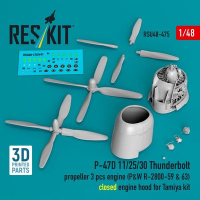 RSU48-0475 - P-47D 11/25/30 Thunderbolt propeller(3 pcs), engine(P&amp;W R-2800-59&amp;63), closed engine hood for Tamiya kit 3D printed model kit - 1:48