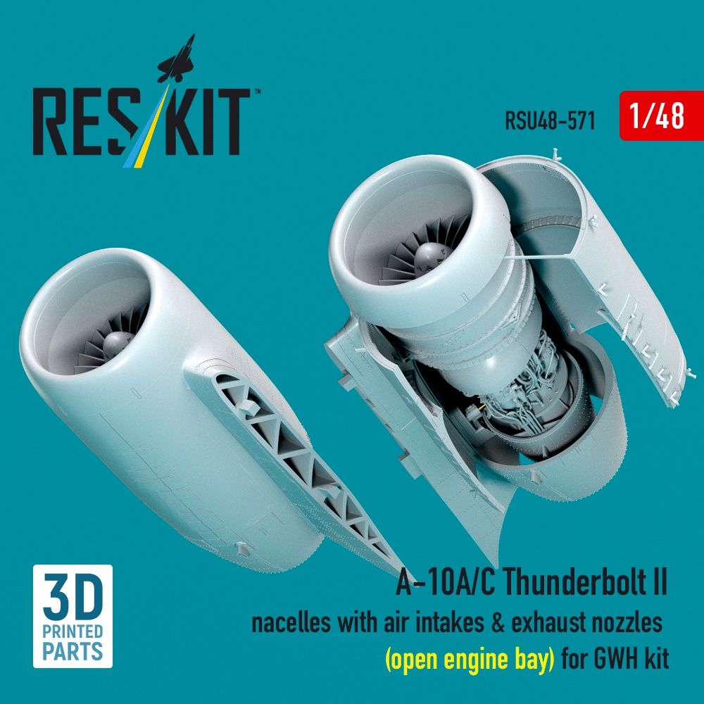 RSU48-0571 - A-10A/C Thunderbolt II nacelles with air intakes&amp;exhaust nozzles(open engine bay) for GWH kit 3D printed model kit - 1:48