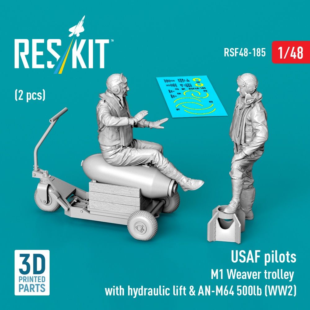 RSF48-0185 - USAF pilots(2 pcs)&amp;M1 Weaver trolley with hydraulic lift&amp;AN-M64 500lb(WW2) 3D printed model kit - 1:48