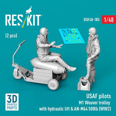 RSF48-0185 - USAF pilots(2 pcs)&amp;M1 Weaver trolley with hydraulic lift&amp;AN-M64 500lb(WW2) 3D printed model kit - 1:48
